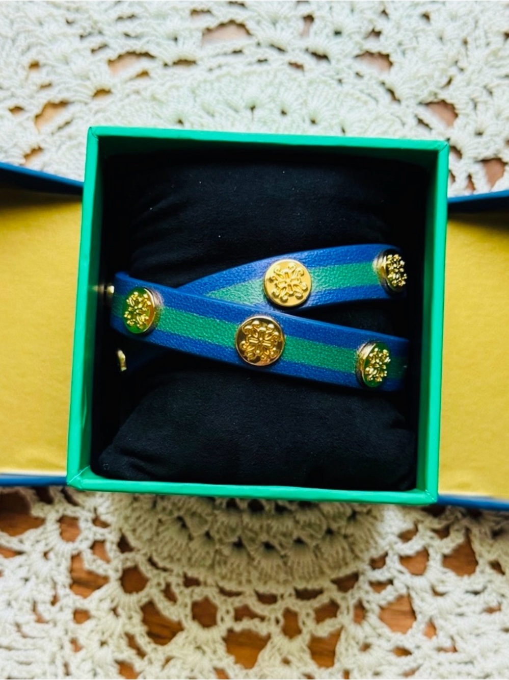 Rustic Cuff Blue & Green Leather Wrap Bracelet Gold Medallions w/ Box
